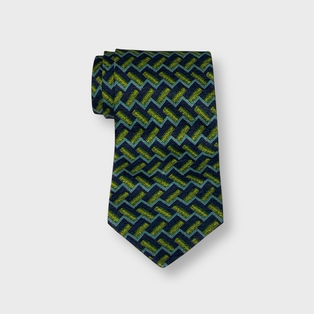 Vintage 80’s Valentino Chevron Silk Tie In Chartreuse / Navy